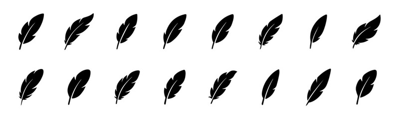 Feather icon set. Bird feather silhouette symbol. Plumelet collection isolated.  Vector illustration.