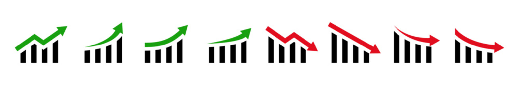 Graph or chart icon set. Financial bar chart icons with rising and falling arrows. Profit and loss statistic. Trades symbol. Increase and decrease icon. Vector illustration.