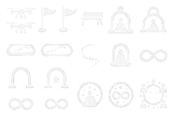 White minimalist icons of drones, meditation, paths, and infinity