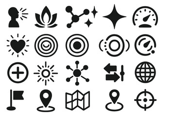 A set of black vector icons featuring a variety of symbols such as a person with a thought bubble, heart, map, location, compass, world globe, and circular patterns.