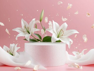 detailed image of blank cylinder podium with lily flowers on pink background with white glitter fabric display for product presentation high detail 8k
