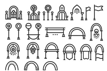 Collection of abstract icons depicting arches, flags, benches, and symbols, evoking a sense of unity and ritualistic pathways.