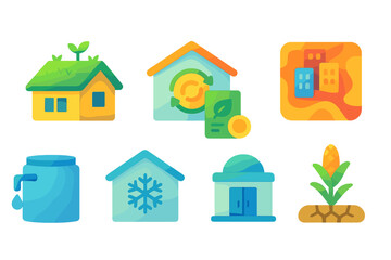 Colorful icons representing sustainable living and eco-friendly practices in various home settings and environments