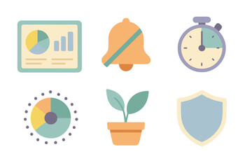 Colorful icons representing productivity, time management, and growth in a modern design setting
