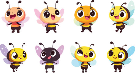 Obraz premium Collection of Cartoon Bees with Different Poses and Colors on a White Background Vector Illustration
