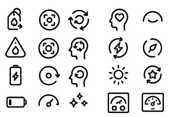 Naklejka premium A collection of minimalist icons representing energy, mindfulness, and self-care, including symbols for hydration, recharge, and emotional balance.