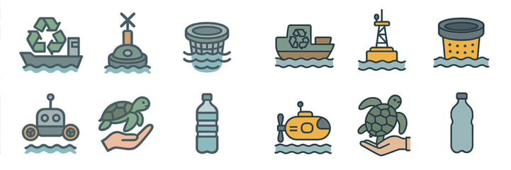 Icons representing ocean conservation and marine life protection efforts in an illustrative style