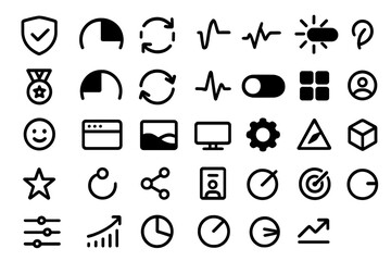 Collection of modern icons for security, settings, media, and data.