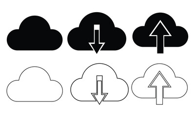 Cloud download and upload icon set. Download cloud computing outline and filled vector sign, Upload download cloud arrow vector icons on white background. Vector illustration.