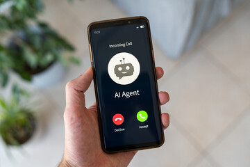 Concept of talking with the AI. Incoming call from the AI agent service.