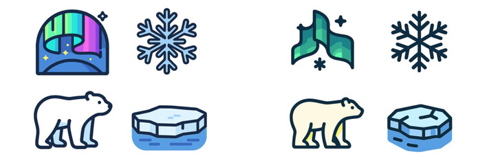 Creative ice and northern lights illustrations showcasing a polar bear and snowflakes in a unique design