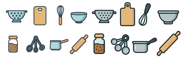 Essential cooking tools and utensils arranged for kitchen preparation and baking