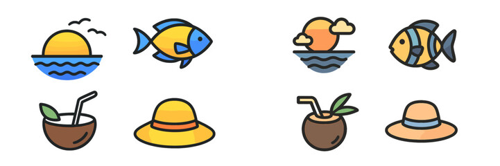 Illustrations of summer activities featuring fish, sunset, hats, and refreshing drinks by the beach