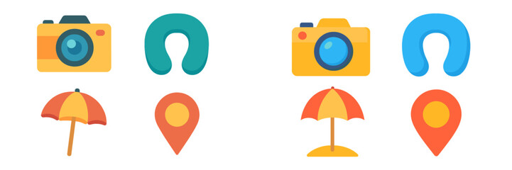 Collection of travel icons depicting camera, neck pillow, umbrella, and location pin highlighting essential vacation essentials