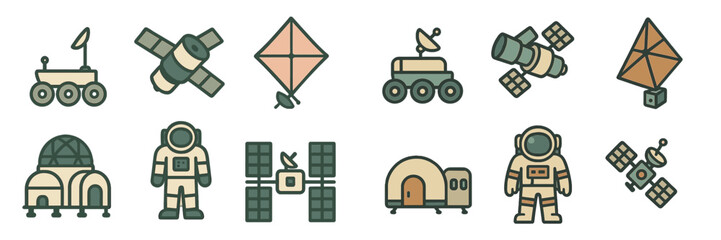 Exploration of space through various spacecraft and astronaut activities in a colorful and modern design