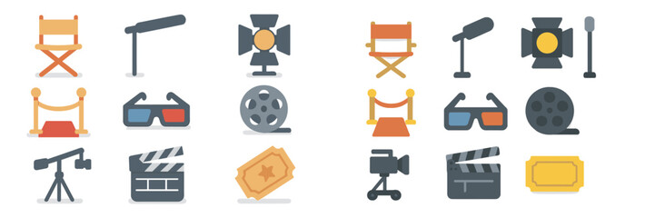 Icons representing various elements of film production and cinema in a colorful flat design arrangement