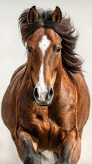 Majestic brown horse gallops gracefully in a sunlit arena showcasing strength and beauty in motion