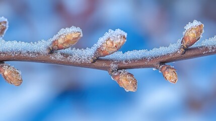 Snowy buds sprout on a small twig