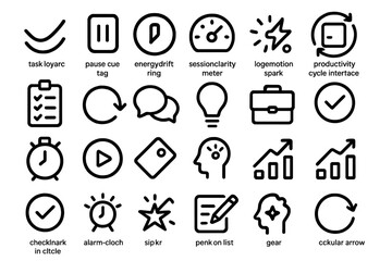 Set of productivity and task management icons, featuring tools, timers, and graphs.
