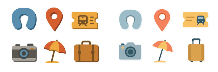 Travel-related icons representing various aspects of adventure and exploration in a colorful design