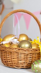 Easter Golden Eggs Basket Spring Decor.