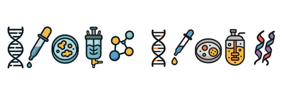 Various scientific illustrations showcasing DNA, molecules, and laboratory equipment in a colorful layout to represent biotechnology concepts