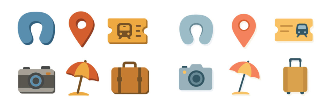 Travel-related icons representing various aspects of adventure and exploration in a colorful design