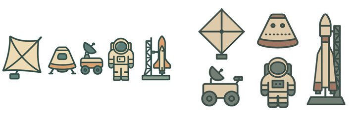 Collection of space exploration icons featuring astronauts, rockets, and rovers designed for educational or creative projects
