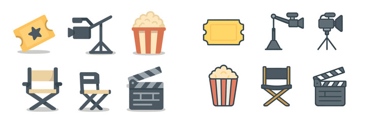 Collection of diverse movie and cinema icons including director's chairs, cameras, tickets, and popcorn containers