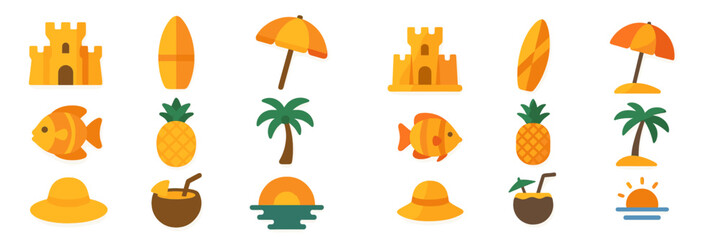 Colorful summer icons featuring tropical elements, beach activities, and playful designs for sunny vibes and fun adventures