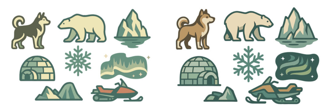 Winter adventure illustrations featuring huskies, polar bears, mountains, and snowmobiles in a snowy landscape