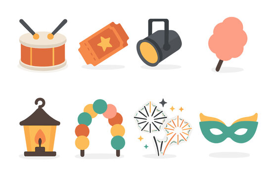 Festive celebration items including decorations, treats, and entertainment gear in a joyful carnival setting