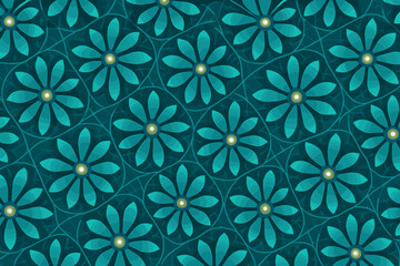 Stylized floral pattern with glowing teal flowers and geometric lines on a dark background.