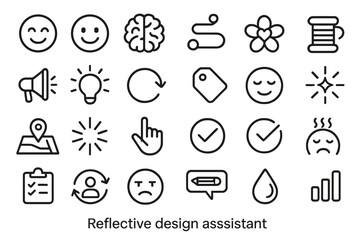 Minimalist emotional and interface icon set labeled “Reflective design assistant”