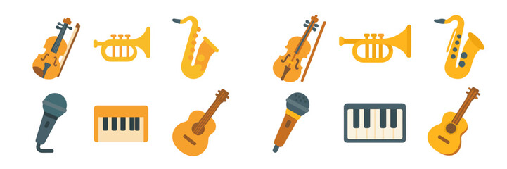 Various musical instruments including strings, brass, and woodwinds displayed in a simple flat design, vibrant colors create a lively atmosphere © Alan