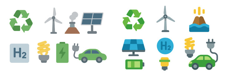 Symbols representing renewable energy sources including wind, solar, and hydrogen for sustainability initiatives