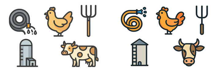 Farm essentials with animals and tools showcased in a colorful illustration depicting rural life and agricultural activities