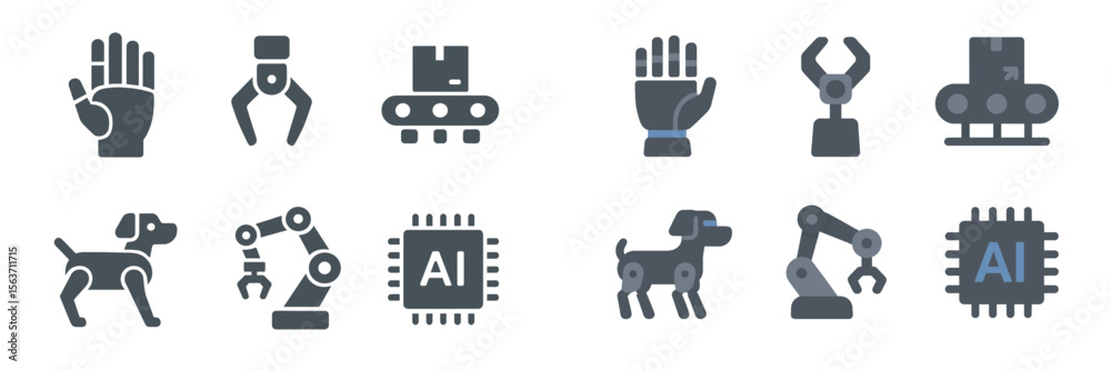 Poster collection of robotic icons representing various technologies and applications in automation and art