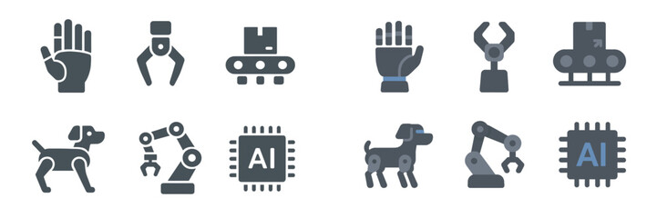 Collection of robotic icons representing various technologies and applications in automation and artificial intelligence