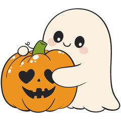 halloween cute ghost hugging pumpkin with heart eyes in flat color style