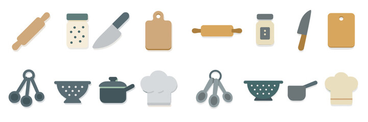 Cooking tools and kitchen utensils displayed on a clean white surface for culinary preparation