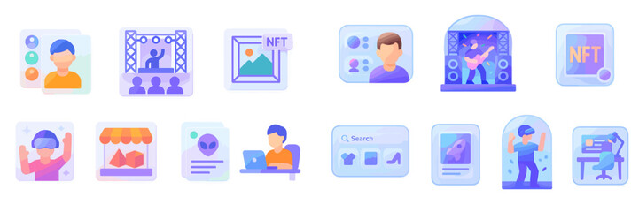 Icon set representing digital technology themes related to NFTs, virtual reality, and online activities