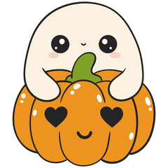 halloween cute ghost hugging pumpkin with heart eyes in flat color style