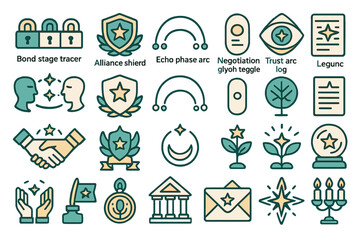 Fototapeta premium Set of icons for magical diplomacy, including shields, trust logs, plants, and mystical symbols.