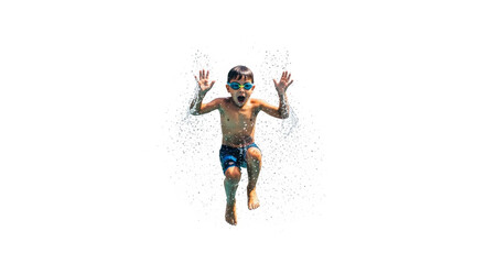 Boy with goggles jumping in water with hands up and water splashing around him on white background