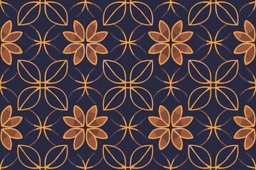 Seamless geometric floral pattern with glowing orange petals on dark blue