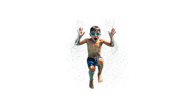 Boy with goggles jumping in water with hands up and water splashing around him on white background