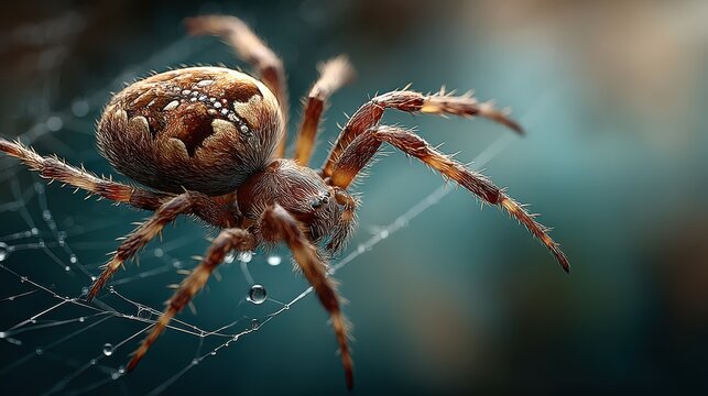 Brown spider weaving delicate web in soft light with glistening droplets at twilight