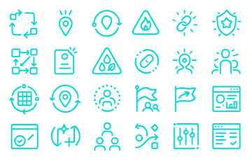 Glowing teal UI icon set with symbols for location, alerts, and analytics