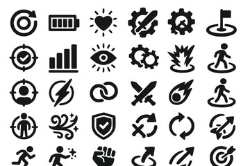 Black RPG icon set with symbols for health, energy, targeting, and actions